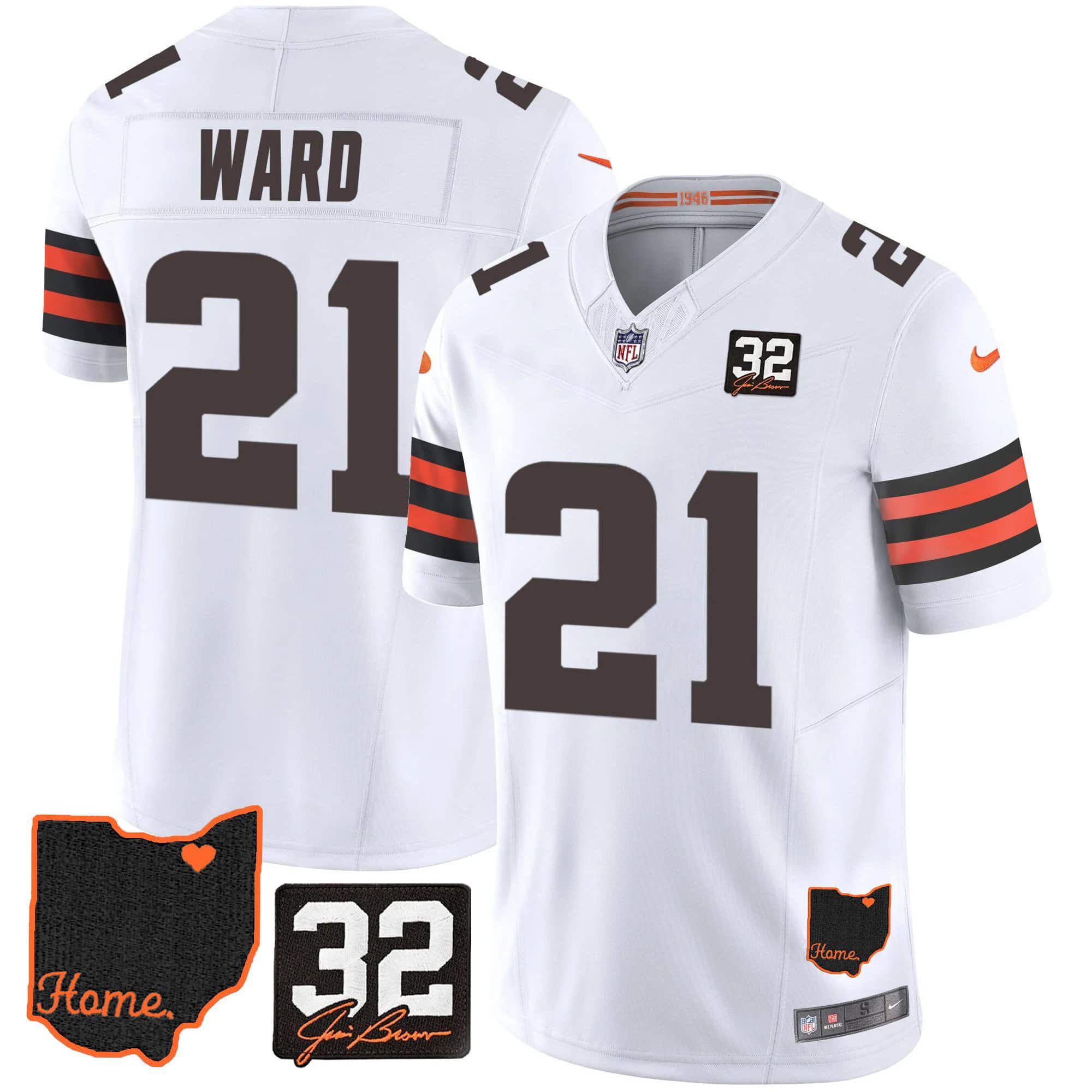 Men Cleveland Browns #21 Ward White Memorial Home Patch 2024 Nike NFL Jersey